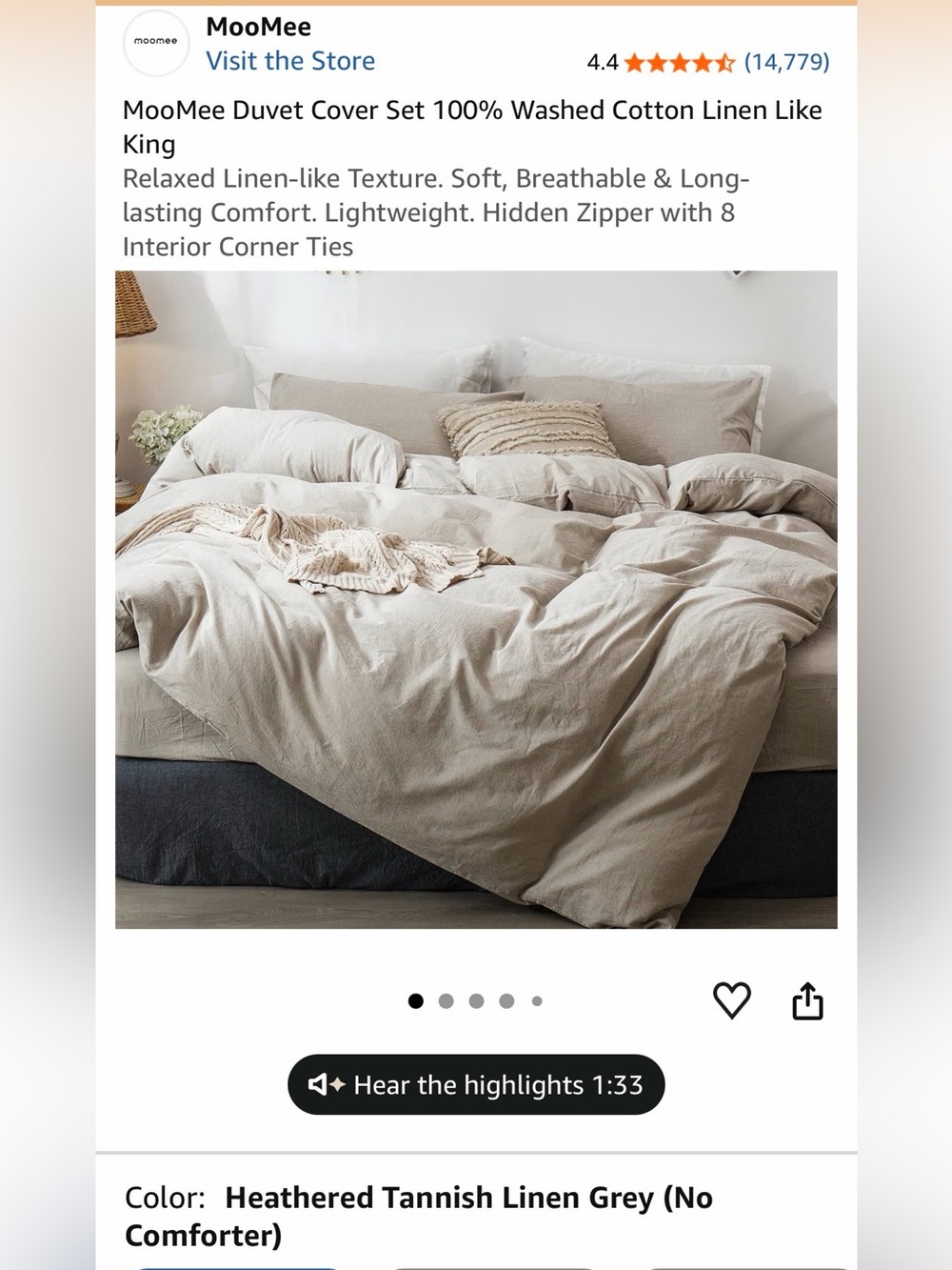 MooMee Soft Linen-Look King Duvet Cover Set in Natural Beige - KING